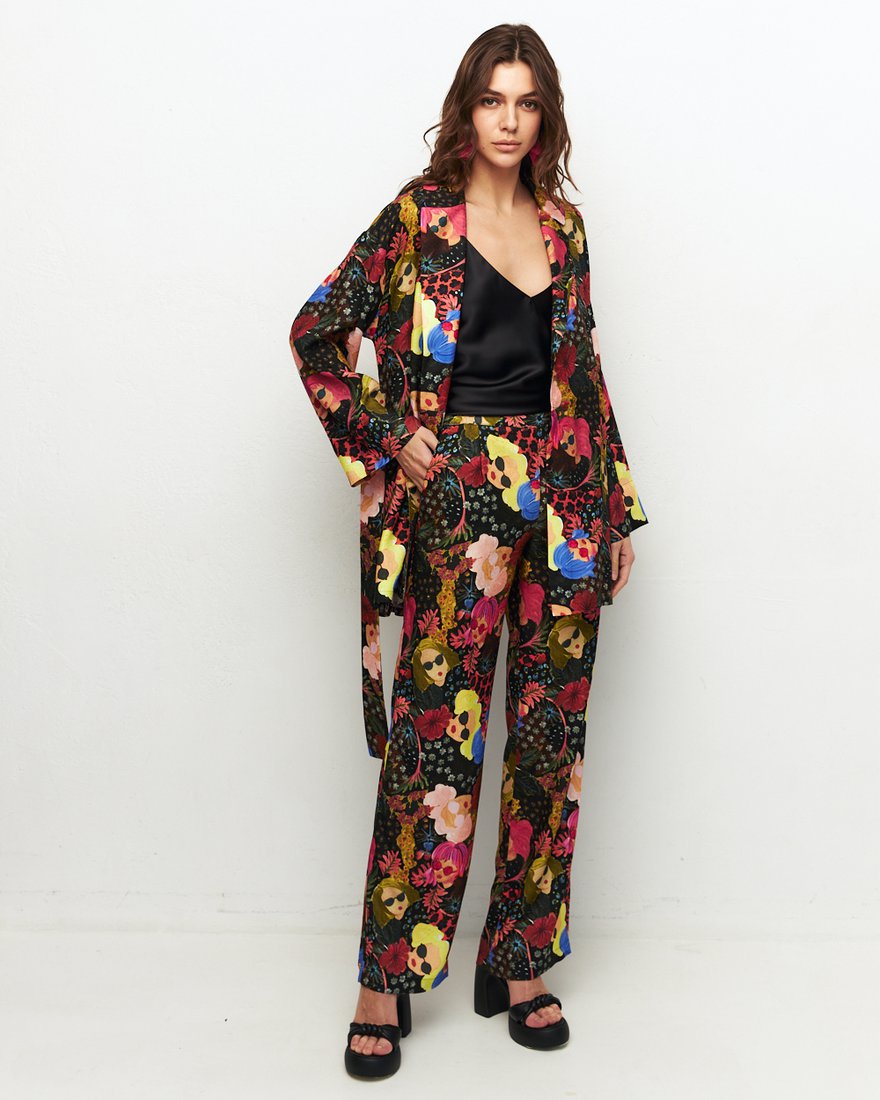 Комплект из кимоно и брюк,  принт "Лица и цветы" www.EkaterinaSmolina.ru