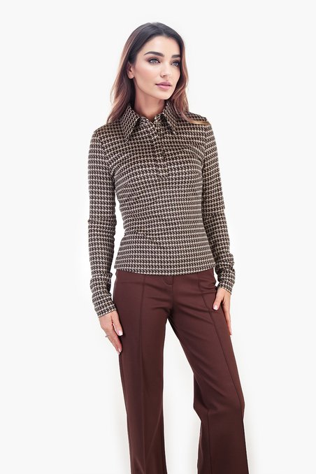 Блуза-поло из трикотажного жаккарда, цвет бежево-шоколадный