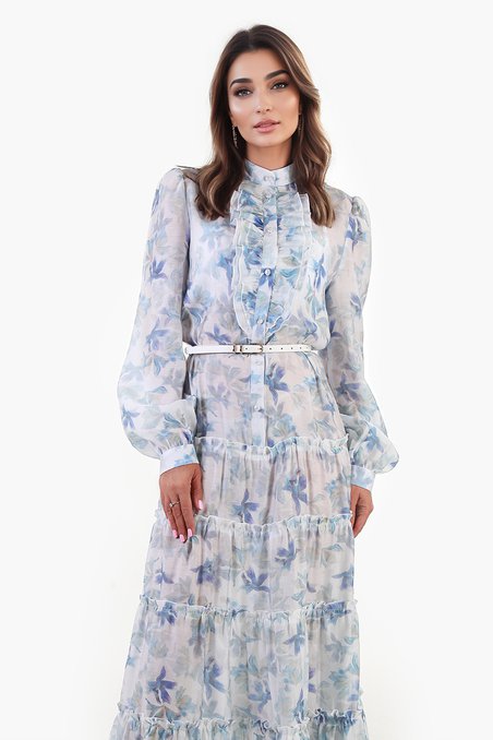 Платье из органзы голубое с воланами