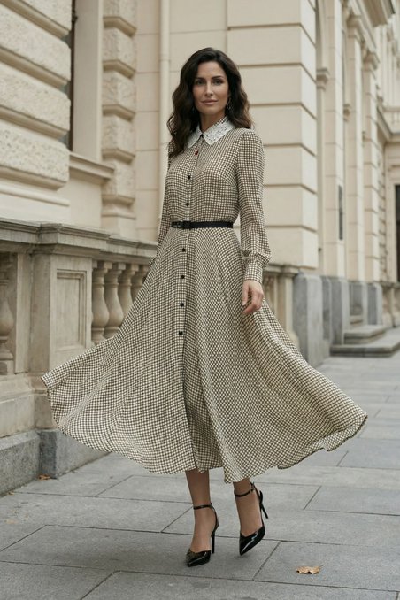 Платье макси с кружевным воротником, бежевое в клетку