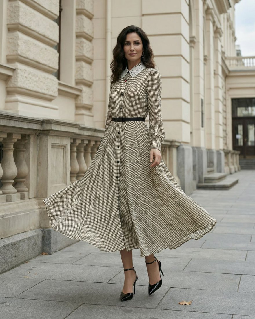 Платье бежевое в мелкую клетку с кружевом на воротнике и пуговицами сердцами www.EkaterinaSmolina.ru