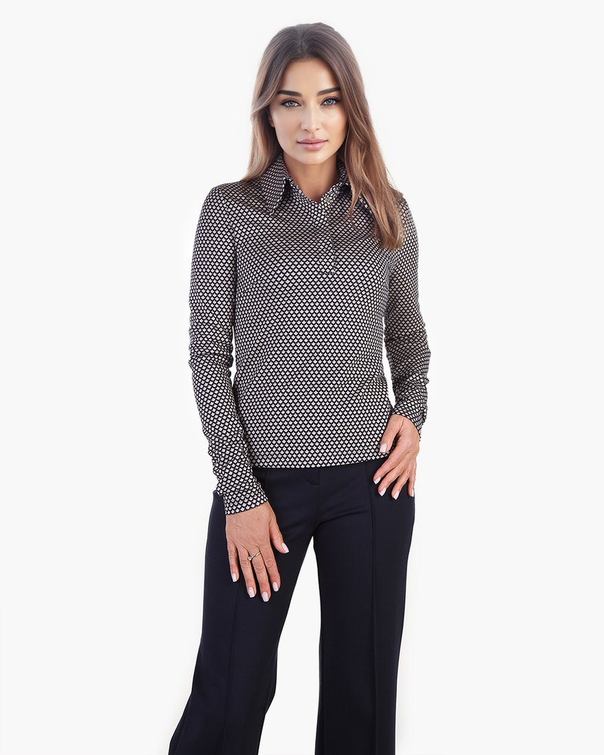 Блуза-поло из трикотажного жаккарда, цвет бежево-синий www.EkaterinaSmolina.ru