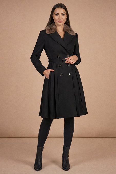 Пальто с юбкой-плиссе и меховым воротником, цвет глубокий черный