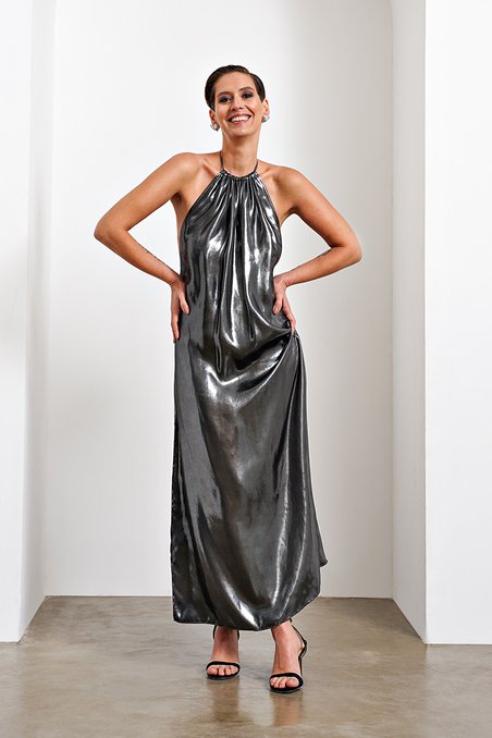 Платье-макси “Слюда” серебряного цвета с открытой спиной