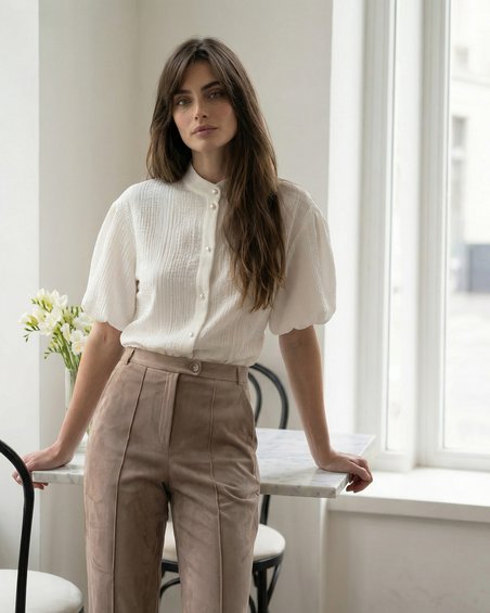 Блуза с воротником-стойкой и рукавами-фонариками, цвет белоснежный