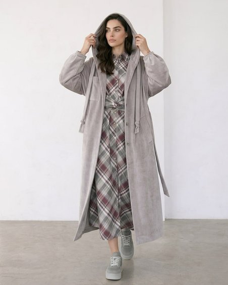 Пальто из бархата с капюшоном, цвет «Серый жемчуг»