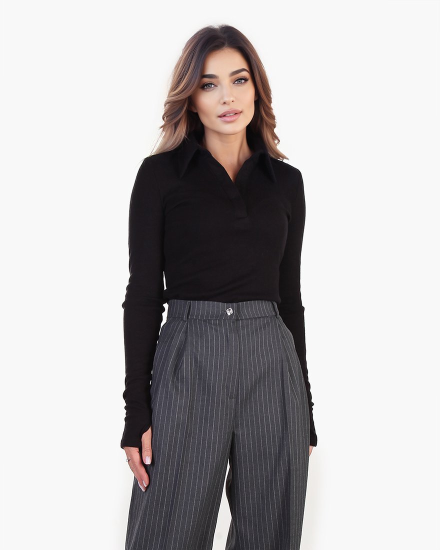 Блуза-поло с длинным рукавом, черная www.EkaterinaSmolina.ru