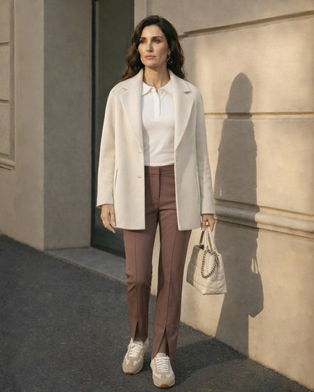 Однобортное полупальто-жакет, молочного цвета 