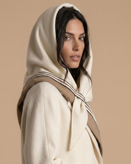Косынка-капюшон молочного оттенка с полосой цвета пекан