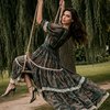 Платье длинное из итальянского льна в принт Пейсли зеленое