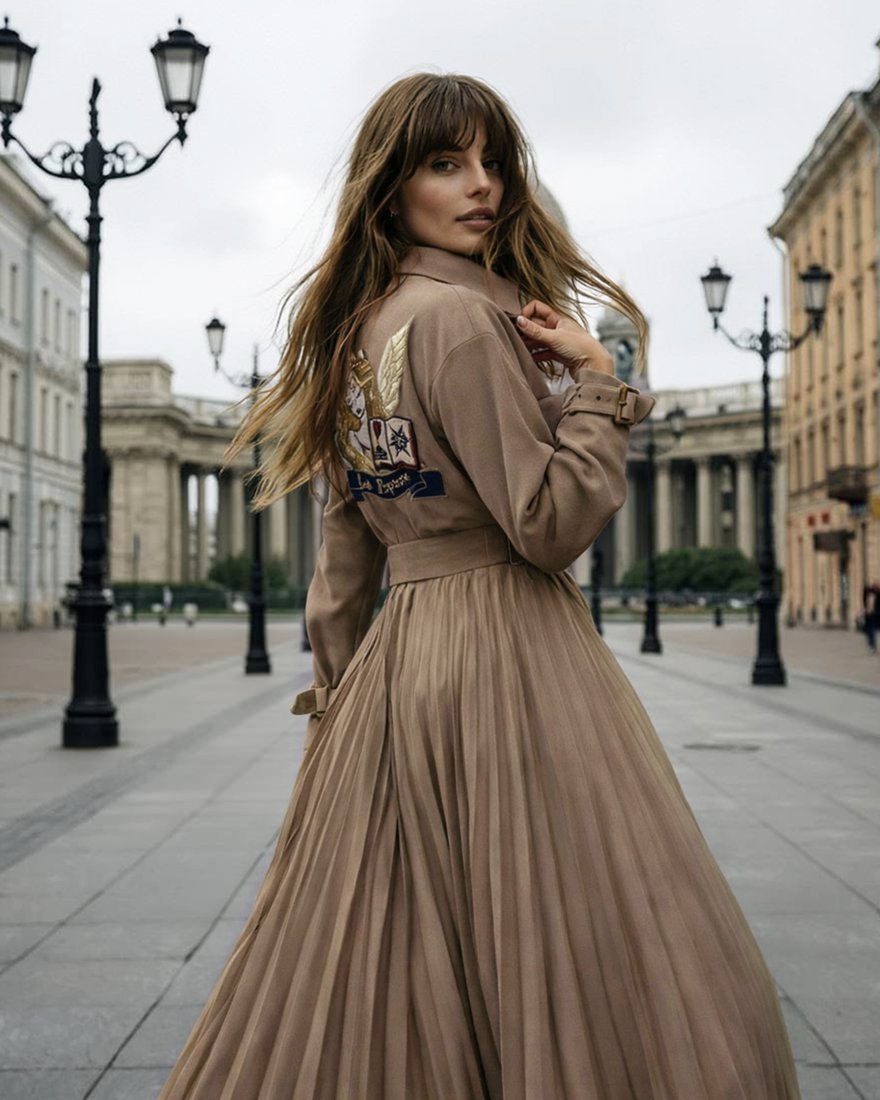 Тренч-гофре цвета карамель с патами и ремнем на пряжке и с вышивкой www.EkaterinaSmolina.ru