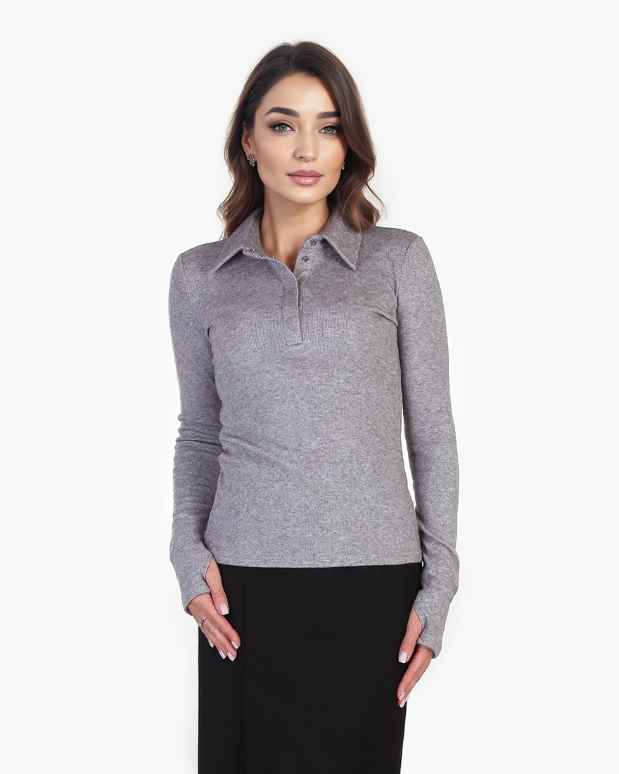 Блуза-поло с длинным рукавом, серый меланж www.EkaterinaSmolina.ru