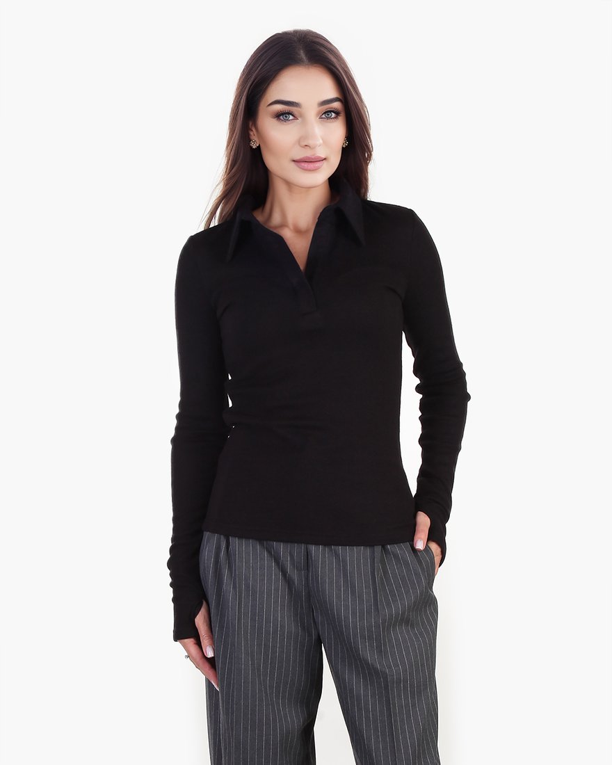 Блуза-поло с длинным рукавом, черная www.EkaterinaSmolina.ru