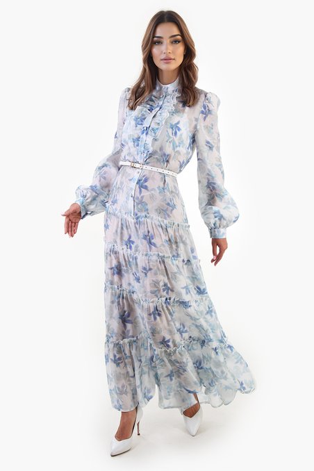 Платье из органзы голубое с воланами