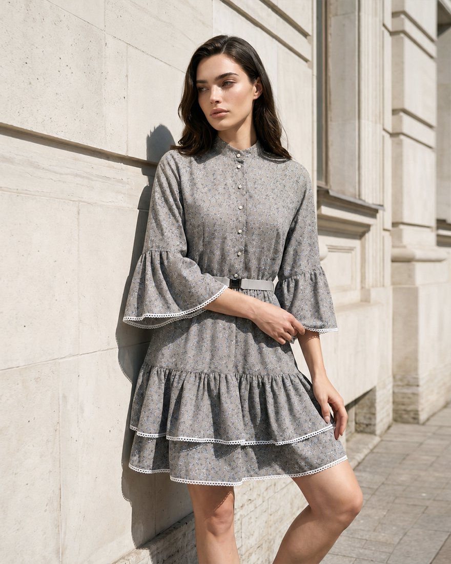 Платье серое в мелкий цветок с белый кружевом www.EkaterinaSmolina.ru