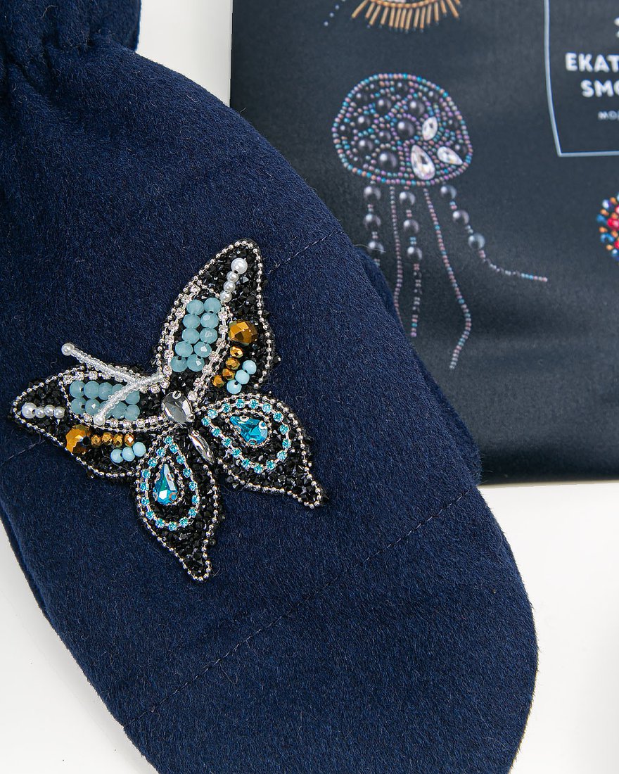 Варежки с декором «Бабочки» темно синие www.EkaterinaSmolina.ru