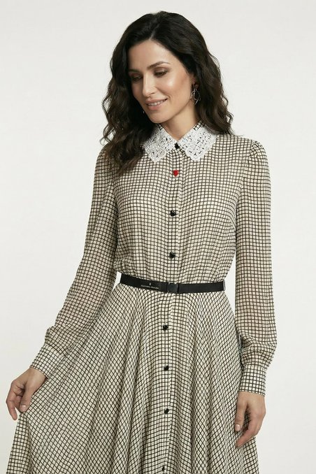 Платье макси с кружевным воротником, бежевое в клетку