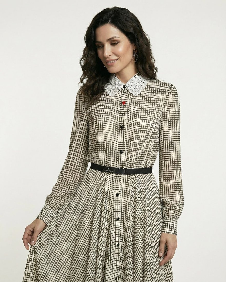 Платье макси с кружевным воротником, бежевое в клетку www.EkaterinaSmolina.ru