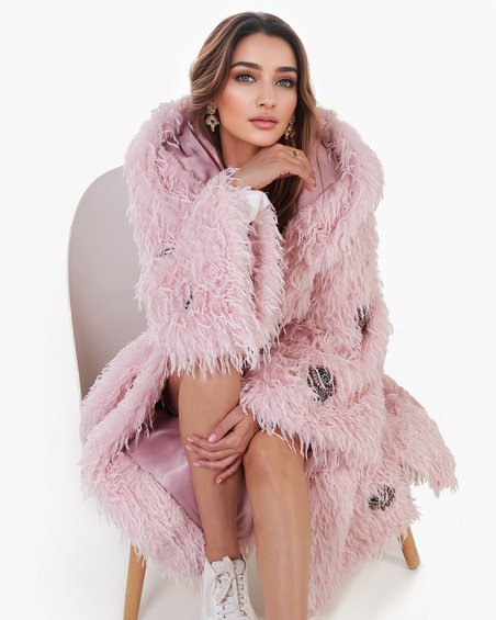 Бохо шуба из эко-меха с аппликациями, цвета пудровой розы