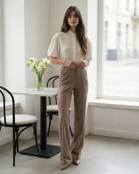 Блуза с воротником-стойкой и рукавами-фонариками, цвет белоснежный