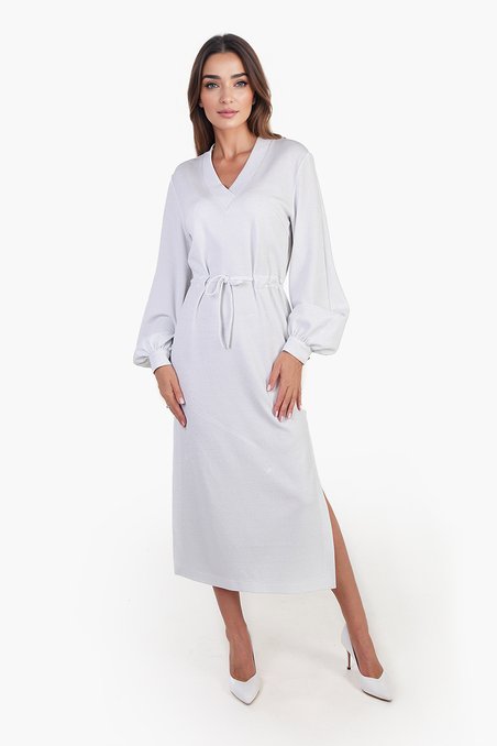 Платье с пышными рукавами, белое с люрексом