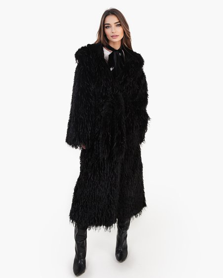 Бохо шуба из эко-меха с капюшоном, черная