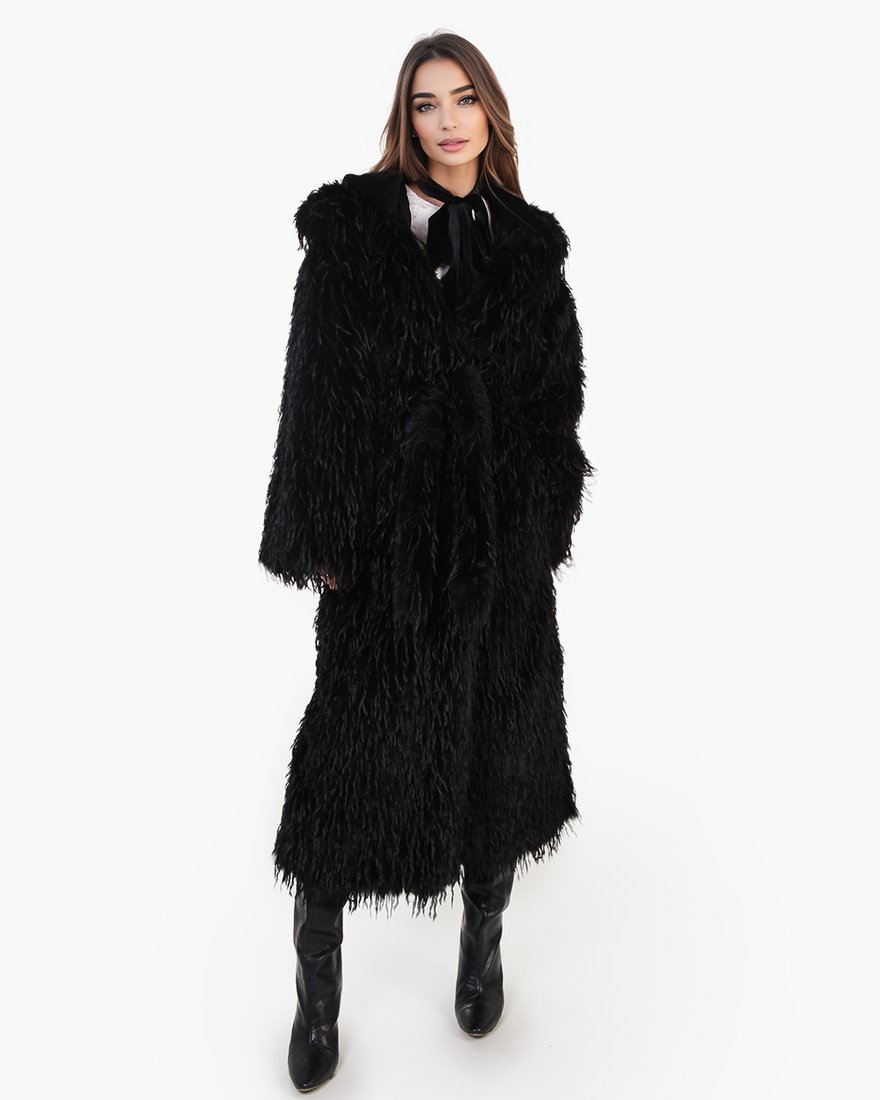 Бохо шуба из эко-меха с капюшоном, черная www.EkaterinaSmolina.ru