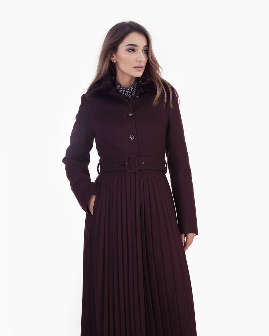 Пальто с юбкой-плиссе цвета темный пурпур www.EkaterinaSmolina.ru