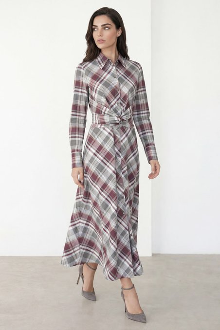 Платье-рубашка в клетку с поясом-лентами
