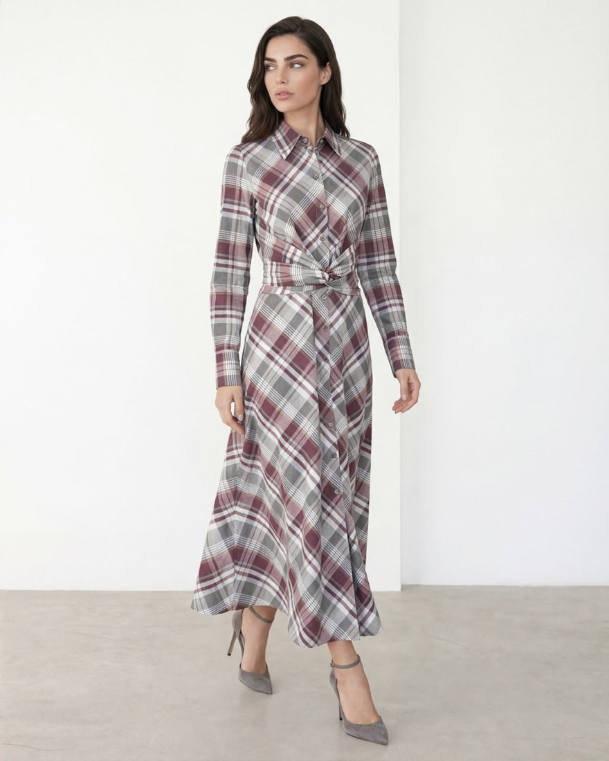 Платье-рубашка в клетку с поясом-лентами www.EkaterinaSmolina.ru