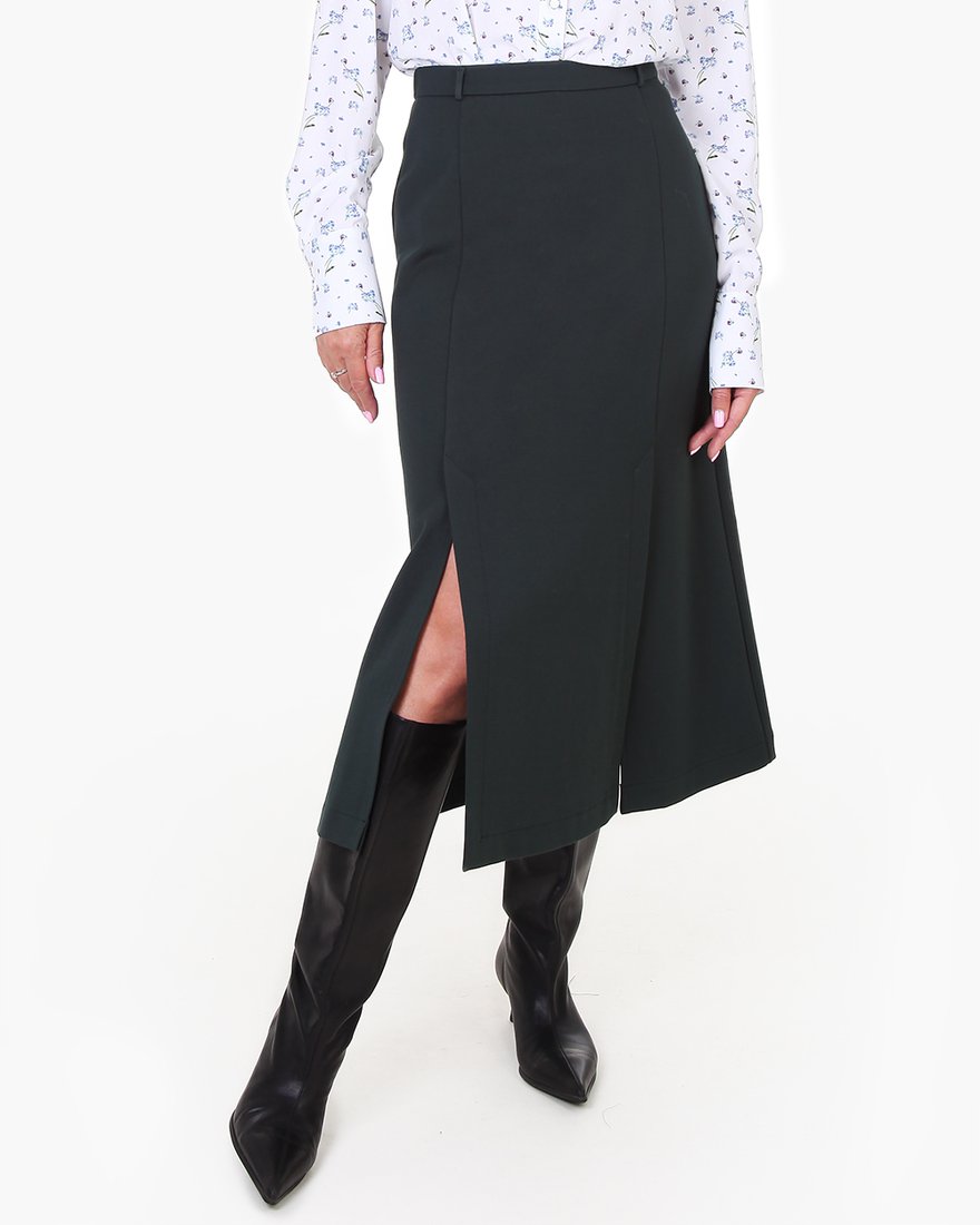 Юбка-трапеция с двумя разрезами из джерси изумрудного цвета www.EkaterinaSmolina.ru