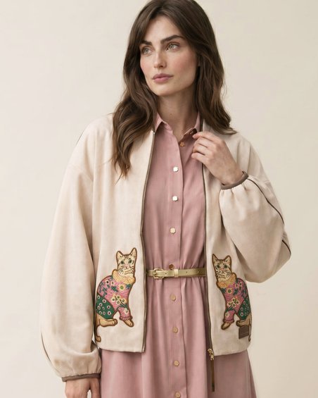 Бомбер с контрастными кантами и вышивкой "Кошки" на карманах