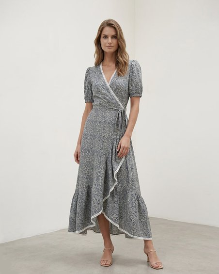 Платье на запах в принт “Черника” с кружевной отделкой 