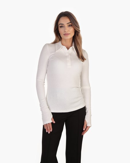 Блуза-поло в рубчик с длинным рукавом