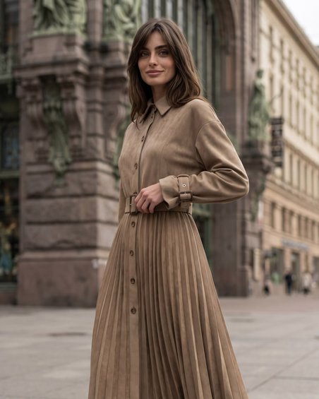 Тренч-гофре цвета карамель с патами и ремнем на пряжке и с вышивкой