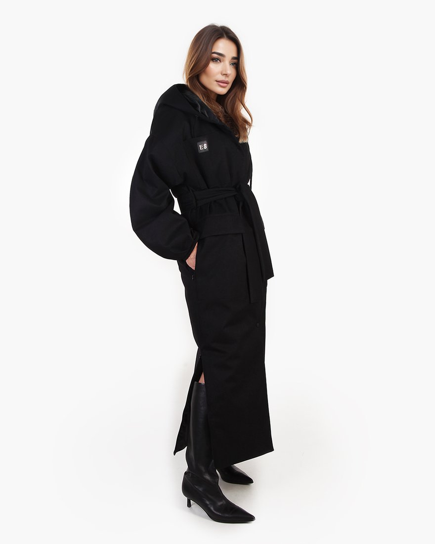 Пальто-пуховик с капюшоном, черного цвета www.EkaterinaSmolina.ru