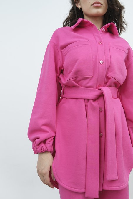 Блуза удлиненная неоного-розового цвета с глубокими карманами