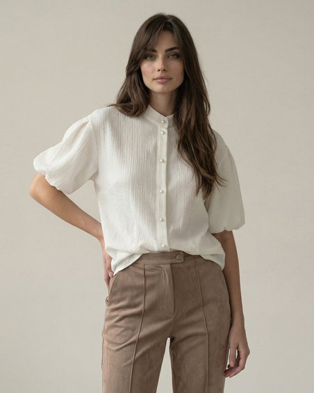 Блуза с воротником-стойкой и рукавами-фонариками, цвет белоснежный