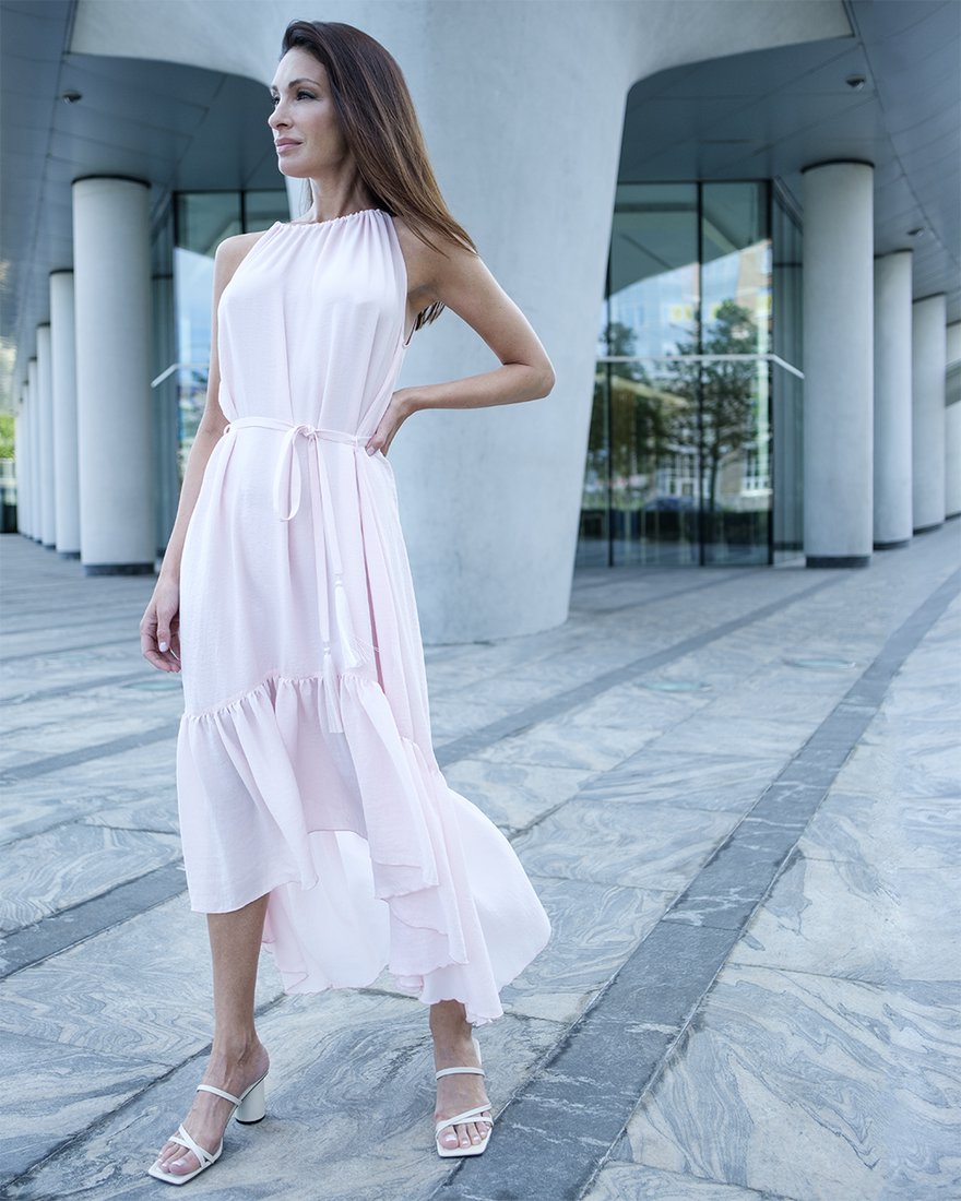 Платье-миди с пышным воланом, розового цвета www.EkaterinaSmolina.ru