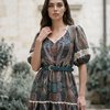 Платье длинное из итальянского льна в принт Пейсли зеленое