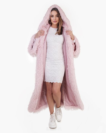 Бохо шуба из эко-меха с аппликациями, цвета пудровой розы