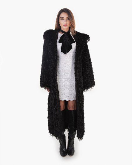 Бохо шуба из эко-меха с капюшоном, черная