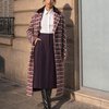 Пальто Дрим из итальянской ткани цвета борд в клетку с меховым воротником