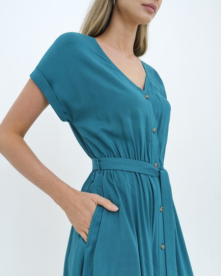 Платье базовое синего цвета с юбкой присборенной у талии