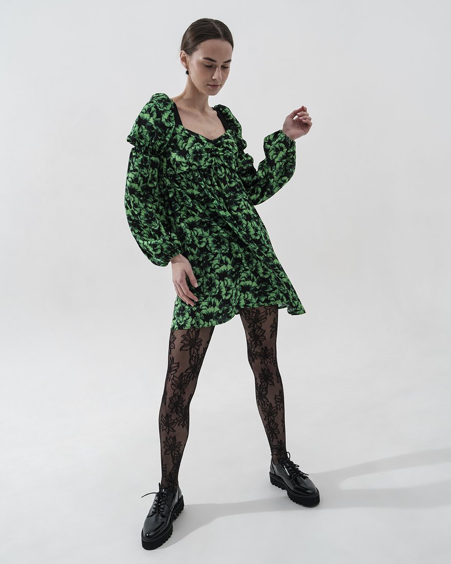 Платье черно-зеленое короткое с объемным рукавом www.EkaterinaSmolina.ru