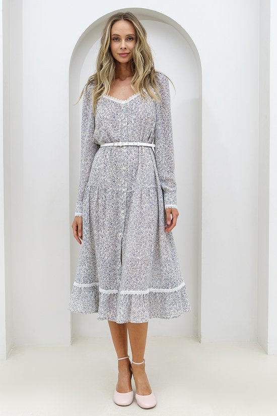 Платье с кружевом и декольте каре, в растительный принт