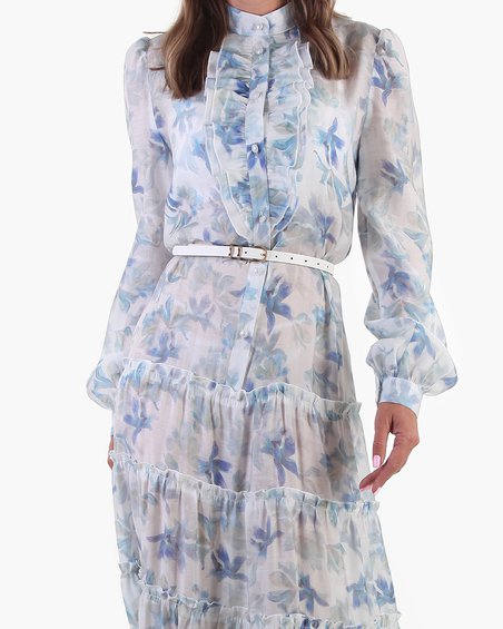 Платье из органзы голубое с воланами