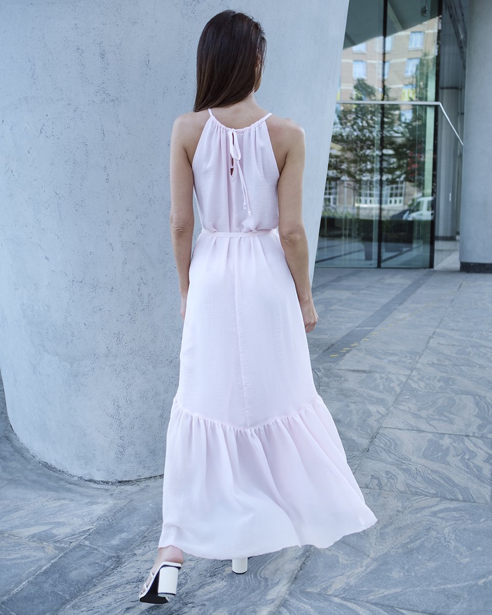 Платье-миди с пышным воланом, розового цвета