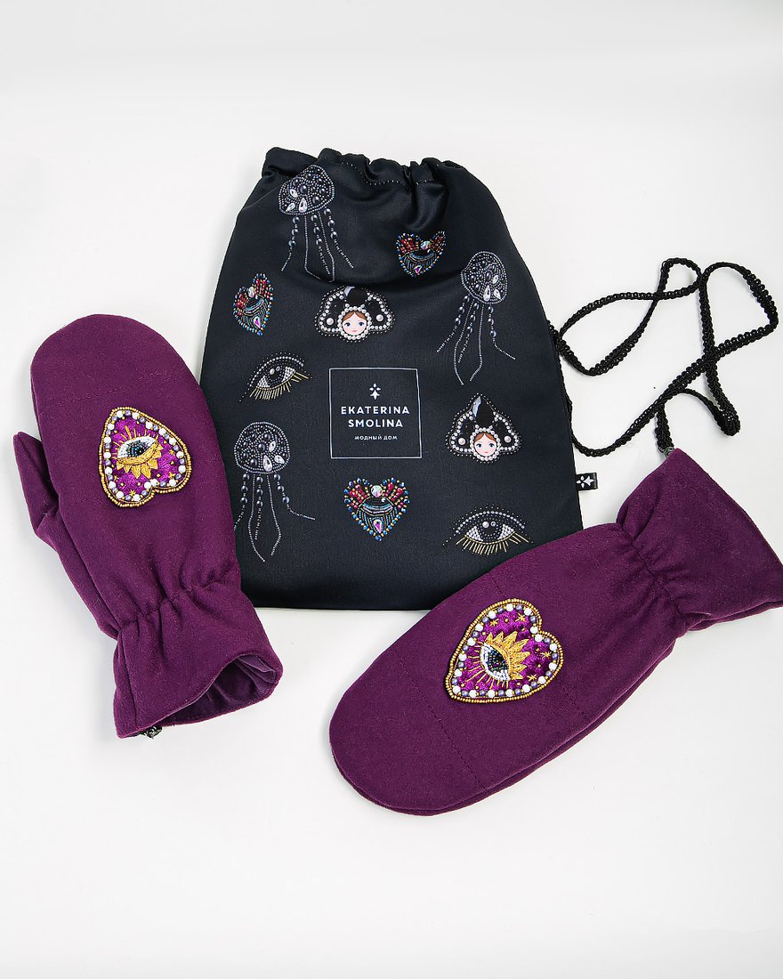 Варежки с декором «Сердце», пурпурные www.EkaterinaSmolina.ru