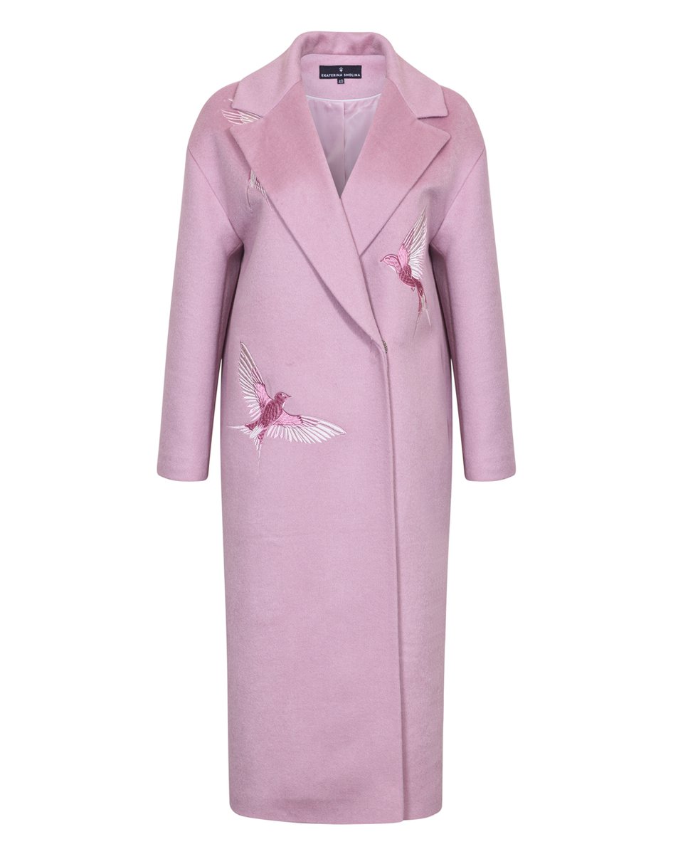 Пальто прямого кроя с вышивкой «Колибри» в пудрово-розовом цвете